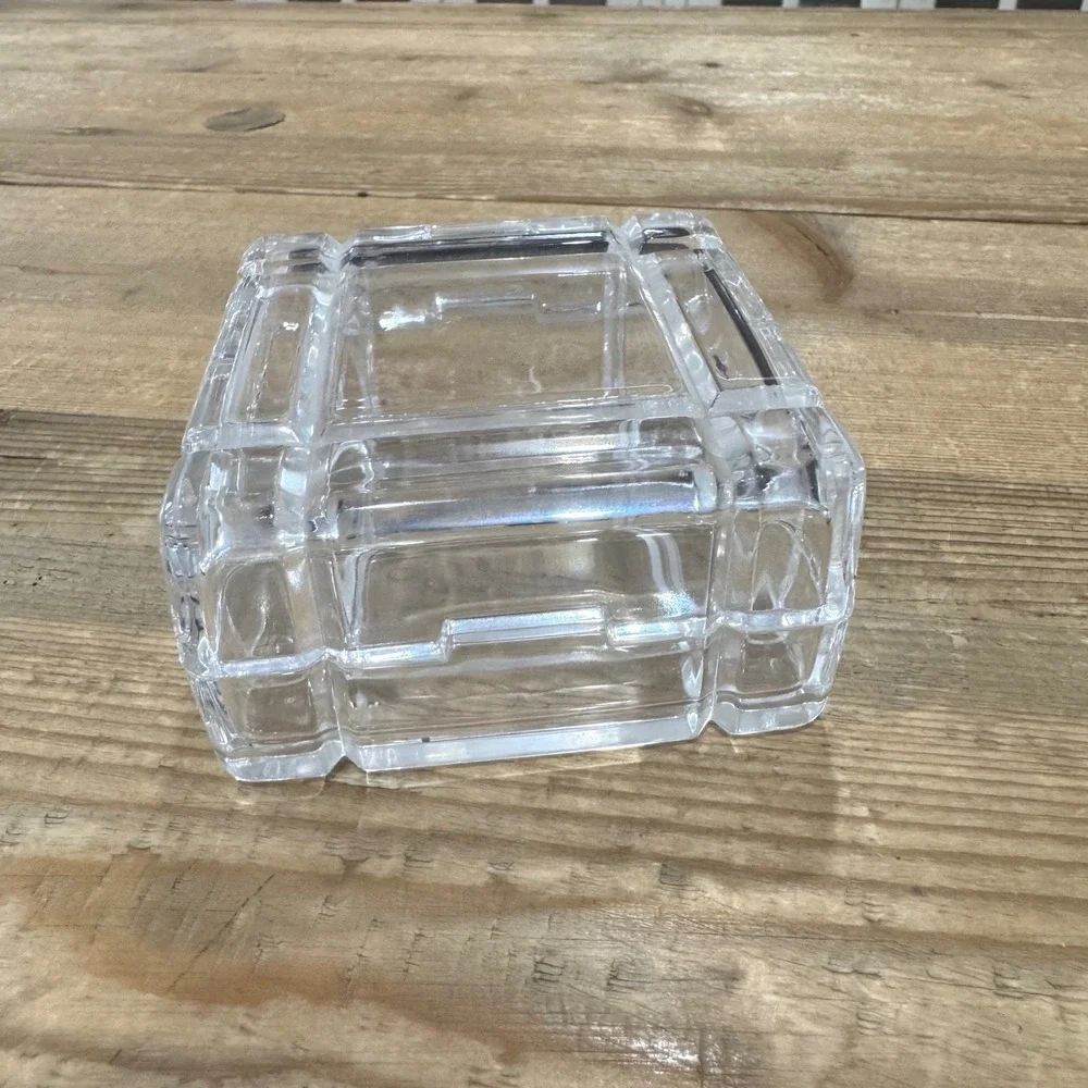 Clear Crystal Square Trinket Box Architectural Jewelry Case 1991 Kusak Engravers